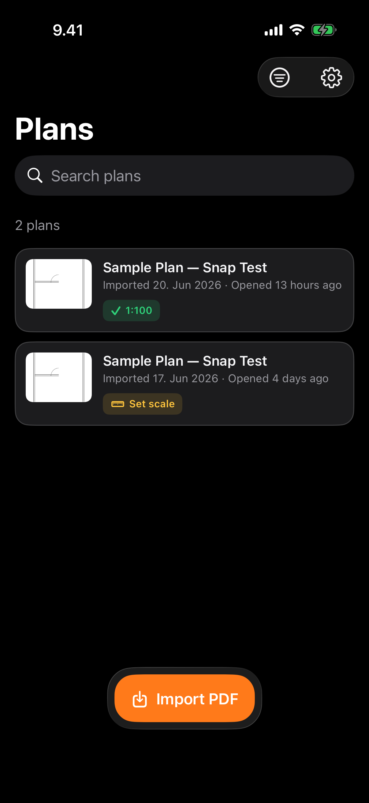 The PlanTape plans library showing saved plans with scale badges, fully offline