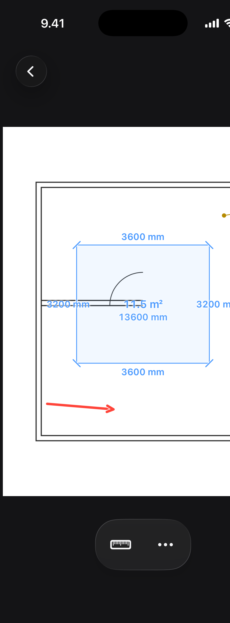 An 11.5 square-metre area measurement with live edge dimensions on a plan
