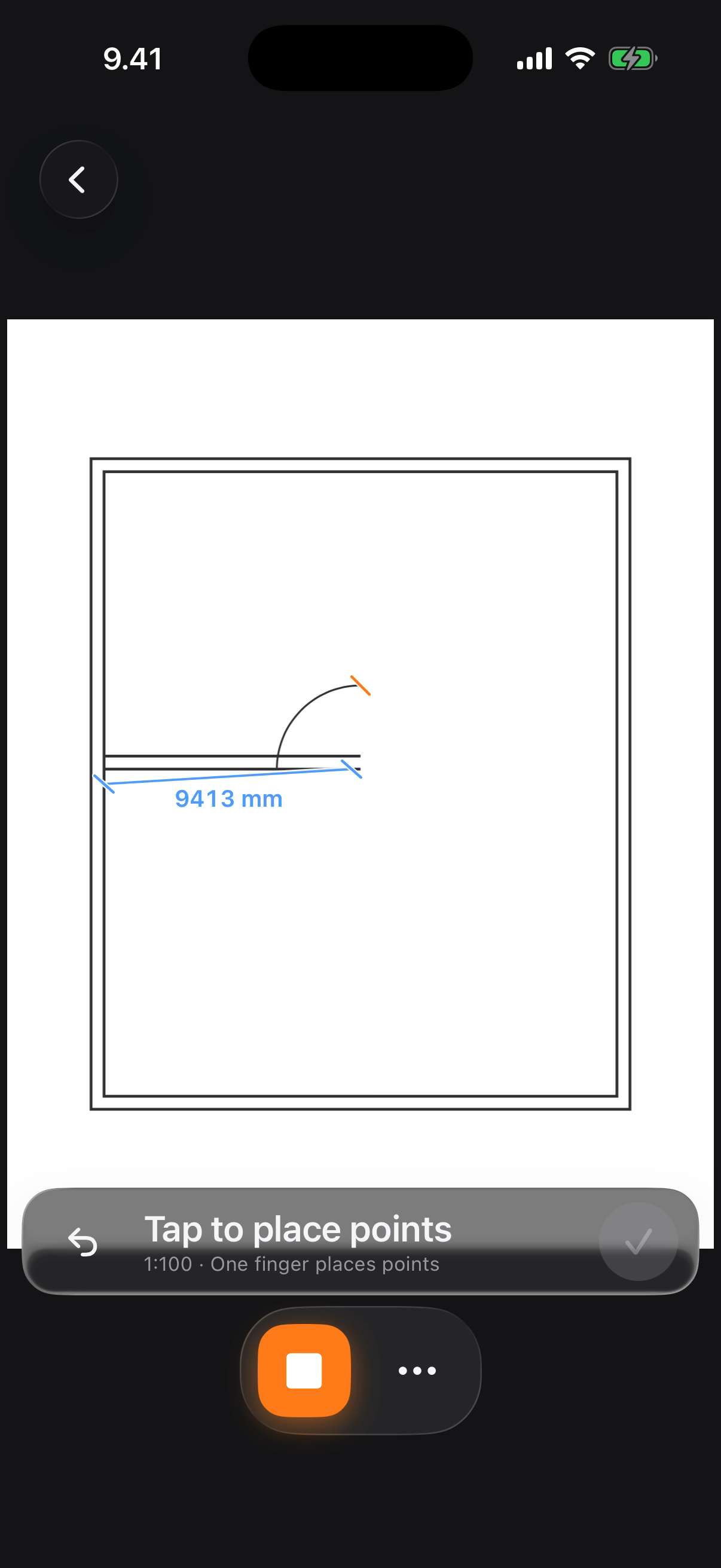 PlanTape measuring a blueprint on iPhone, the magnetic cursor snapped to a wall centerline